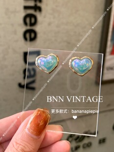人鱼眼泪 Vintage复古中古蓝色爱心琉璃可爱公主耳环耳钉耳夹 BNN