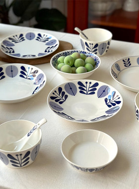 釉中彩骨瓷盘碗餐具套装可微波