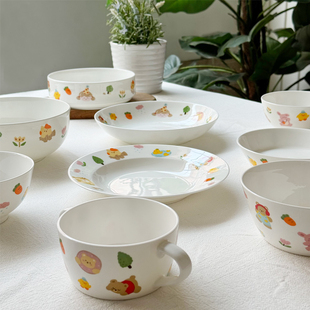 北府童趣骨瓷碗盘子米饭碗菜盘餐盘浅碟可微波可爱儿童陶瓷餐具