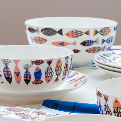 家用22头中式家用碗碟套装鱼蓝盘陶瓷碗骨瓷餐具套装