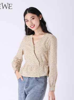 WEWE唯唯秋季女装V领修身气质甜美碎花女士衬衫通勤气质