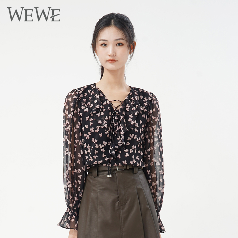 WEWE/唯唯2023秋季新品女装V领性感系带时尚印花女士雪纺衫气质 女装/女士精品 蕾丝衫/雪纺衫 原图主图