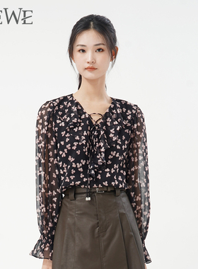 WEWE/唯唯春秋新品女装V领性感系带时尚印花女士雪纺衫气质