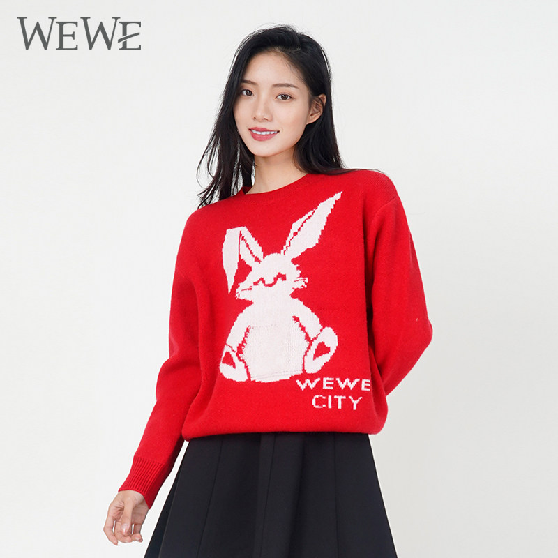 WEWE/唯唯冬季新品女装商场同款卡通兔子WE字母休闲毛衣女