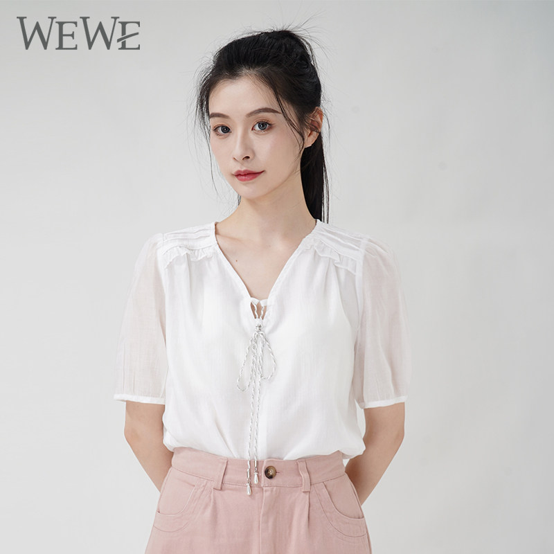 WEWE/唯唯夏季新品女装气质通勤亲肤透气V领雪纺衫简约OL风
