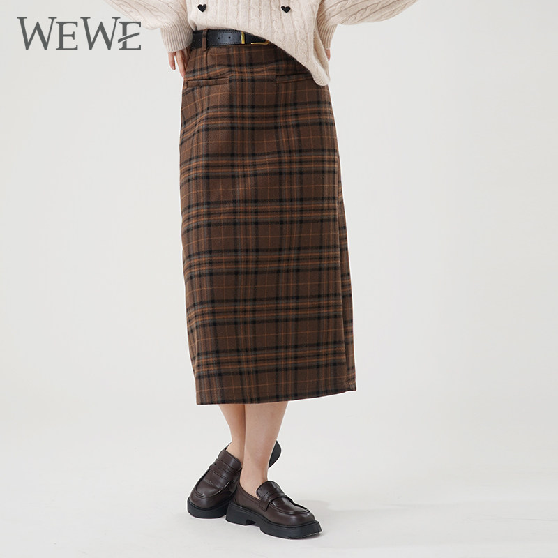 WEWE/唯唯冬季新品女装经典格子时尚通勤半身裙气质OL风