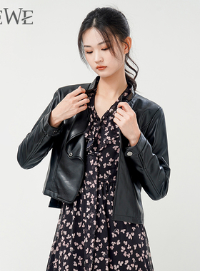 WEWE/唯唯秋季新品女装时尚潮流甜酷气质短款PU皮外套不规则