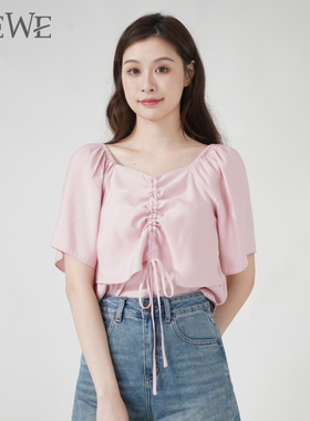 WEWE/唯唯短袖衬衫女夏季新款洋气小心机法式抽绳泡泡袖衬衣