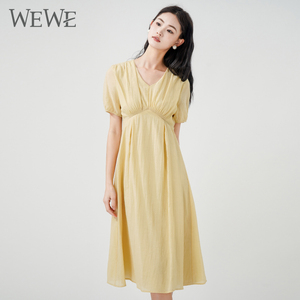 WEWE/唯唯短袖泡泡袖连衣裙女夏季新款收腰显瘦气质中长裙