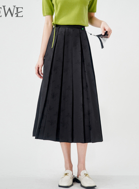 WEWE/唯唯半身裙中长款年春季高腰显瘦百褶a字半身