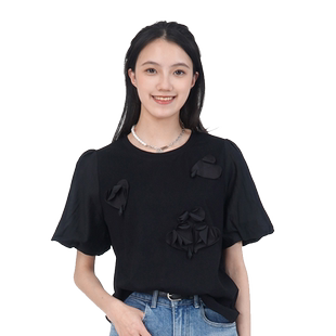 WEWE/唯唯夏季新品女装个性拼接立体3D装饰女上衣甜美灯笼袖