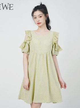 WEWE唯唯夏季新品女装清新可爱甜美减龄连衣裙女露肩高腰a字