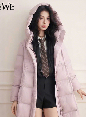 WEWE/唯唯2025淑女风连帽中长款羽绒服女保暖外套显瘦减龄