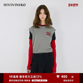 IIIVIVINIKO2025秋新款 微宽植绒字母装 饰T恤背心女M533204335B