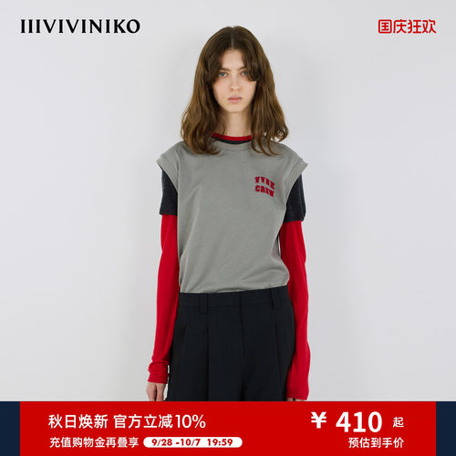 IIIVIVINIKO秋季新款微宽植绒字母装饰T恤背心女M533204335B