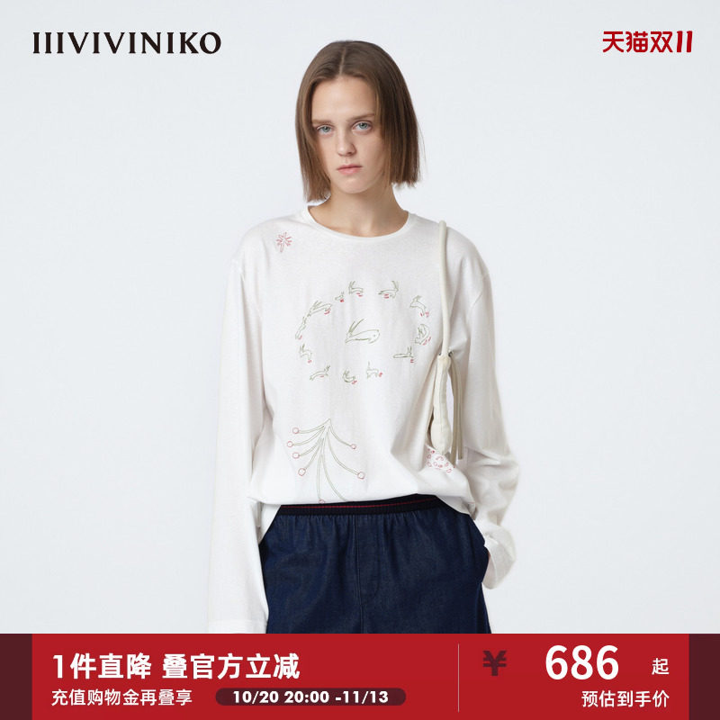IIIVIVINIKO2026夏季新款复古百搭刺绣长袖T恤女M620514367C
