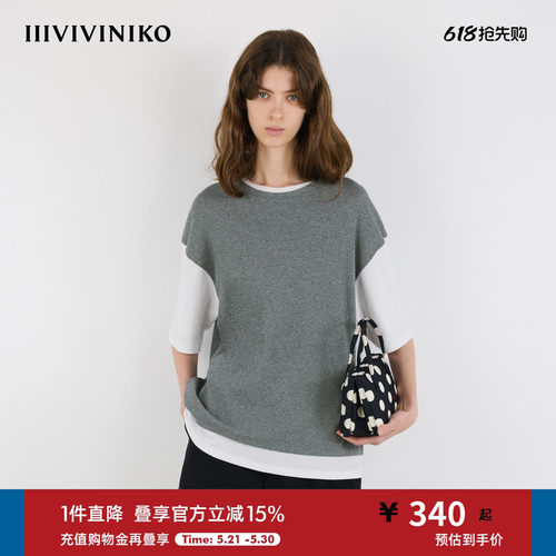 IIIVIVINIKO2025夏新款简约宽松H型圆领拼色T恤女M520580378D
