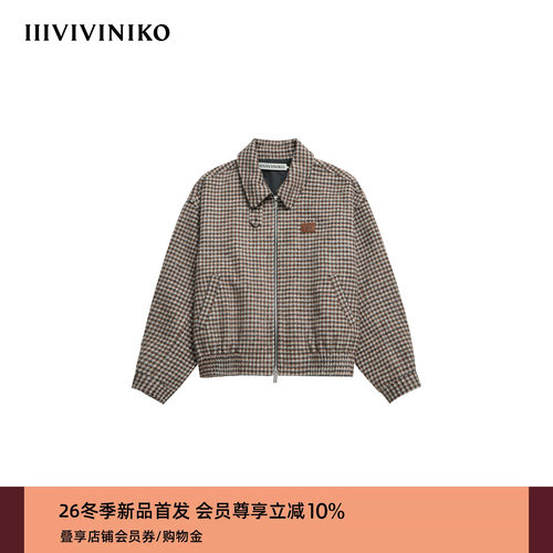 IIIVIVINIKO2026冬季新款复古千鸟格毛呢翻领夹克女M649023167C