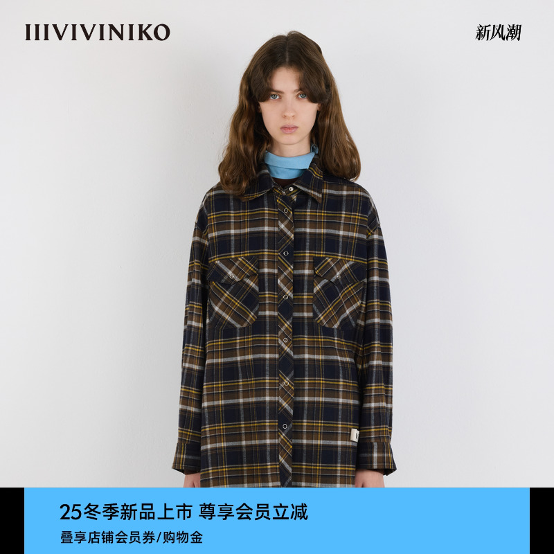 IIIVIVINIKO2025冬新款复古学院风廓形格纹衬衫女M540408194C