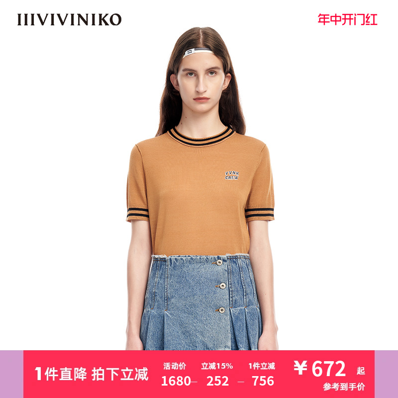 IIIVIVINIKO“丝羊毛纱线”学院风短袖针织衫上衣女M310114