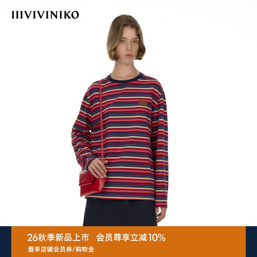 IIIVIVINIKO2026秋季新款复古红蓝条纹落肩长袖T恤女M630581381A