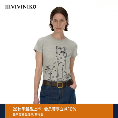 IIIVIVINIKO2026秋季新款慵懒感线条小狗短袖T恤女M630585382A