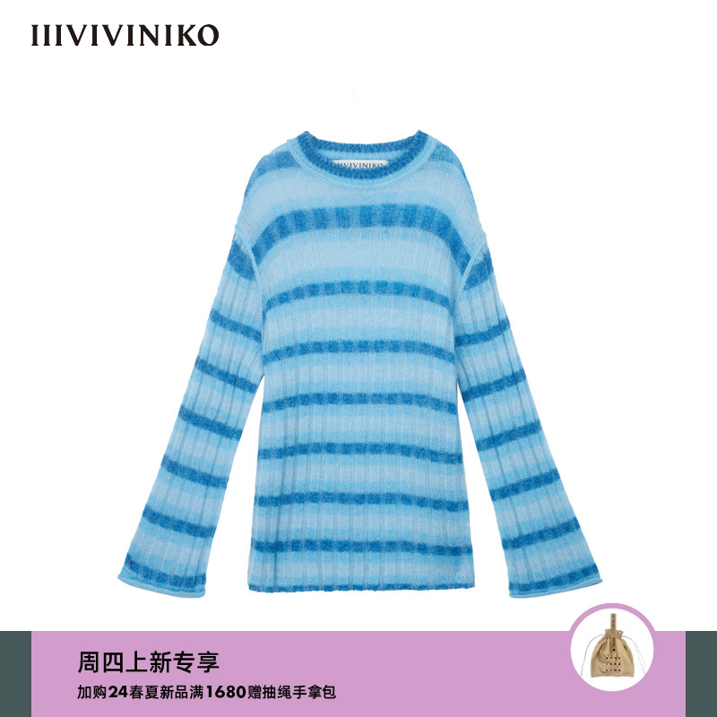 【博主同款】IIIVIVINIKO2024春季新款马海毛条纹圆领针织衫女