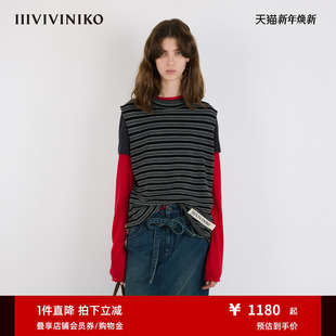 IIIVIVINIKO2025秋新款 不对称拼接条纹针织背心女 细支纯羊毛