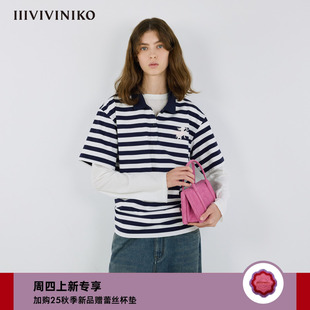 IIIVIVINIKO2025秋新款 女 艺术家合作系列 条纹刺绣Polo衫