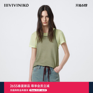 IIIVIVINIKO2026夏季新款修身假两件条纹针织短袖女M620142634D