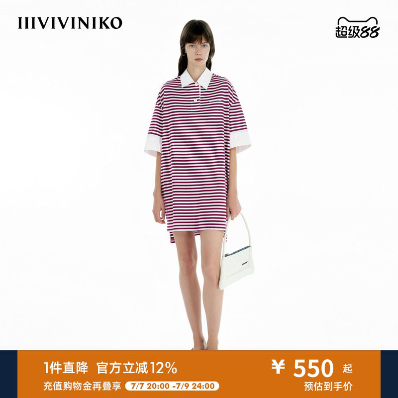 IIIVIVINIKO夏季新款航海落肩条纹Polo连衣裙女B520623365D