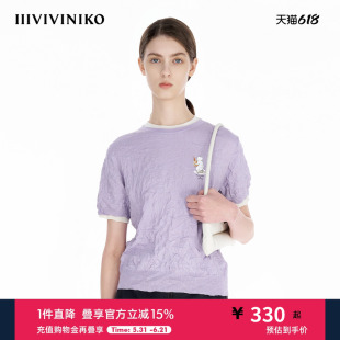IIIVIVINIKO夏季新款猫咪印花淡人褶皱套头衫女R520107661D