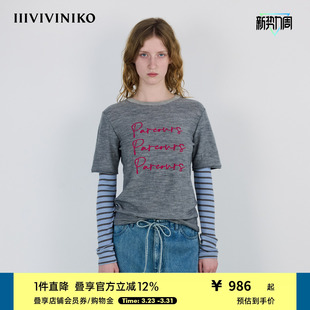T恤女装 休闲廓形假两件圆领印花长袖 新款 IIIVIVINIKO2025秋装