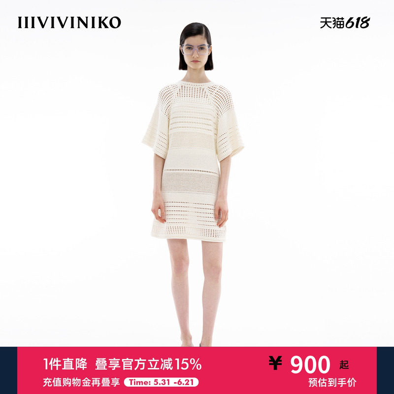 IIIVIVINIKO夏季新款A型插肩袖镂空针织连衣裙女M421110626D