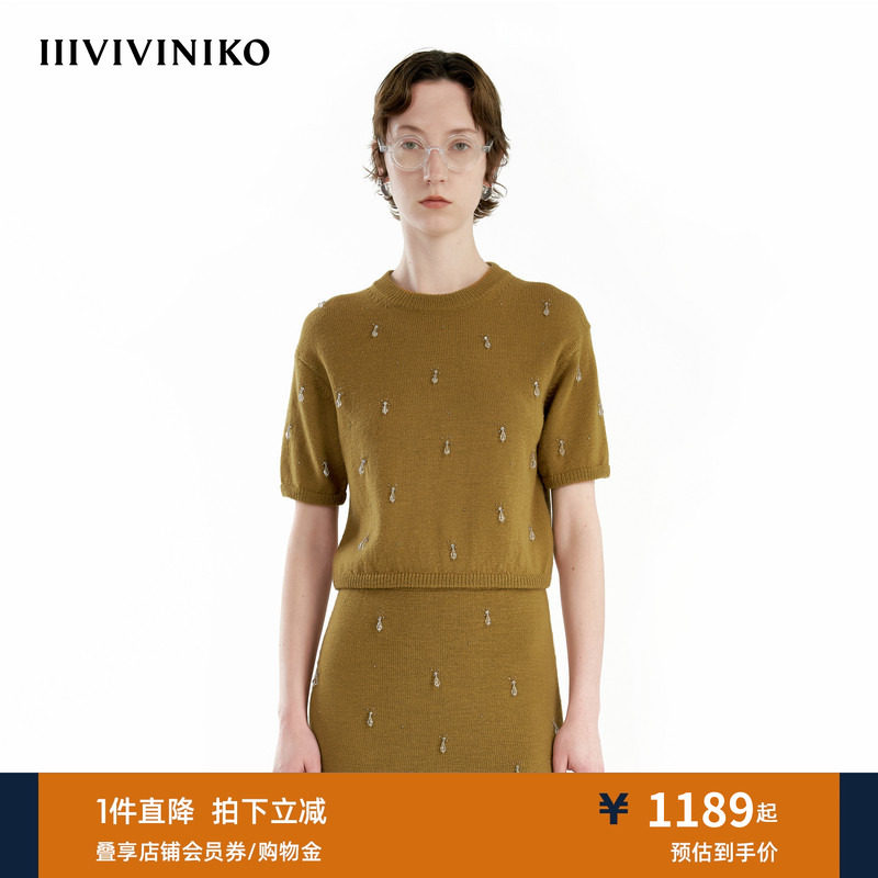 【手工钉珠】IIIVIVINIKO秋季新款羊毛宽松短袖针织套头衫女