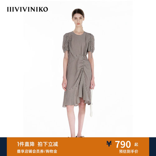IIIVIVINIKO夏季新款复古抓褶不对称格纹连衣裙女R520611145D