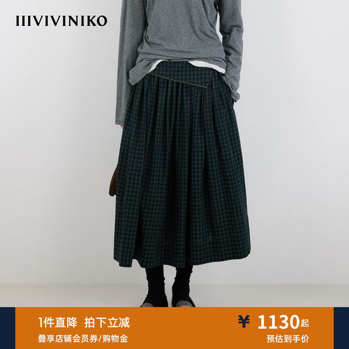 IIIVIVINIKO秋季新款复古宽松出芽边格纹半裙女M530736035B