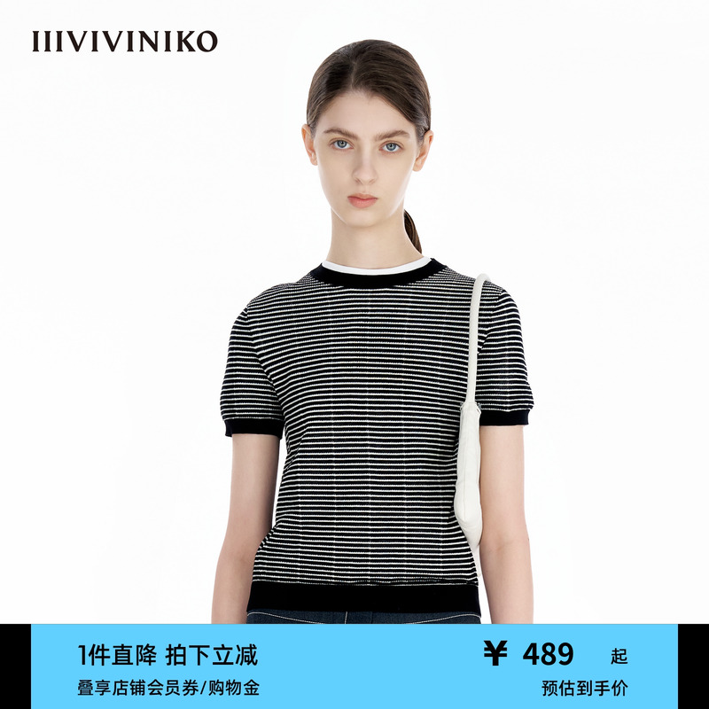 IIIVIVINIKO2025夏季新款休闲廓形细条纹针织套头衫R520102603C