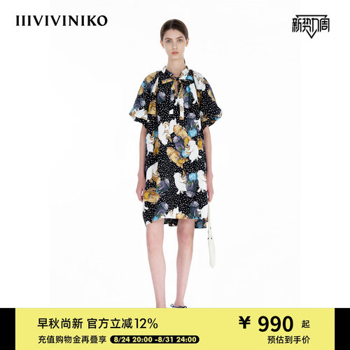 IIIVIVINIKO夏季新款猫咪印花复古时髦系带连衣裙女R520609188D