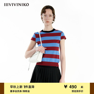 针织衫 IIIVIVINIKO夏季 短袖 条纹修身 上衣女R420102649C 新款