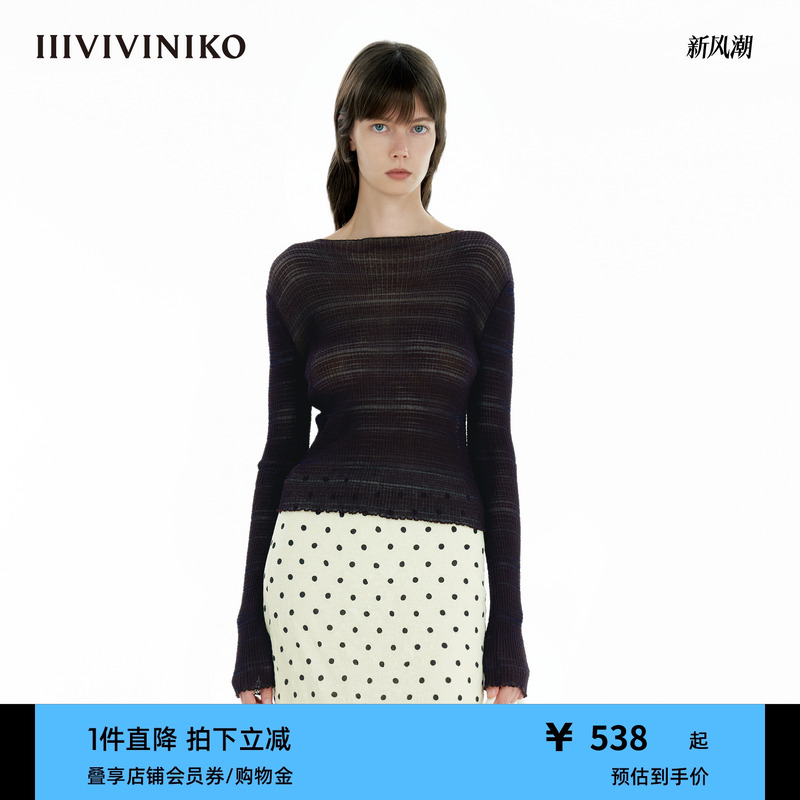IIIVIVINIKO2025春新款百搭不规则细条纹收腰套头衫女C510150649B