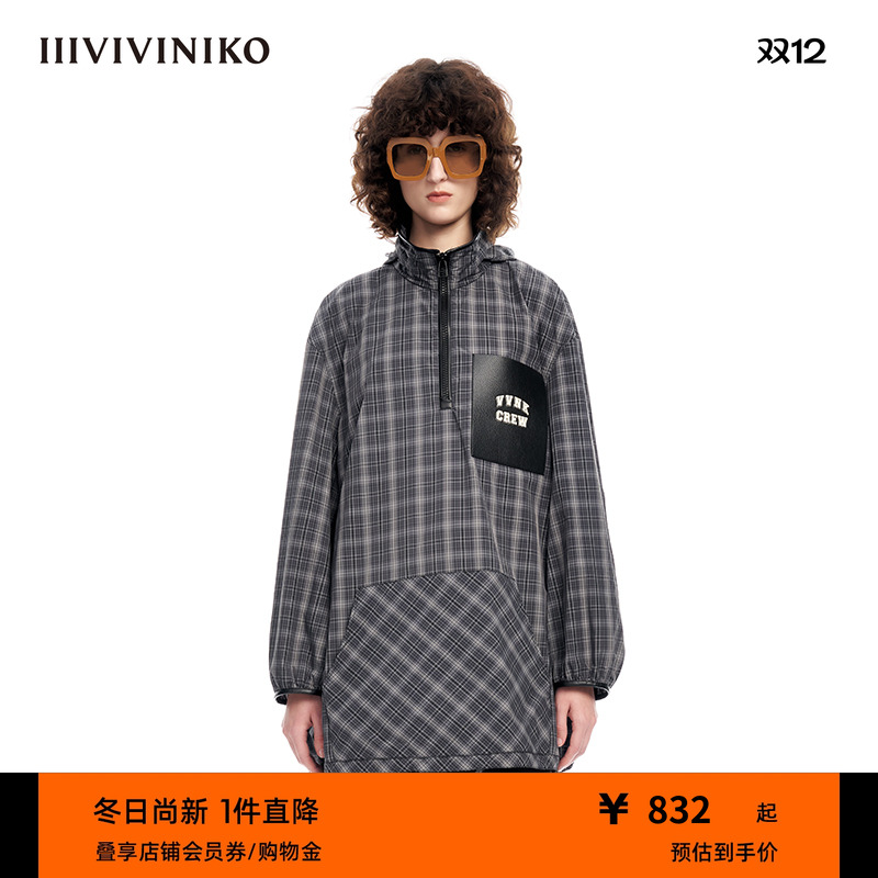 IIIVIVINIKO复古格纹卫衣连衣裙