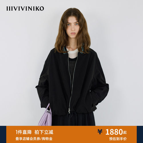 IIIVIVINIKO秋季新款运动风撞色棒针领口抽绳外套女M530322035A