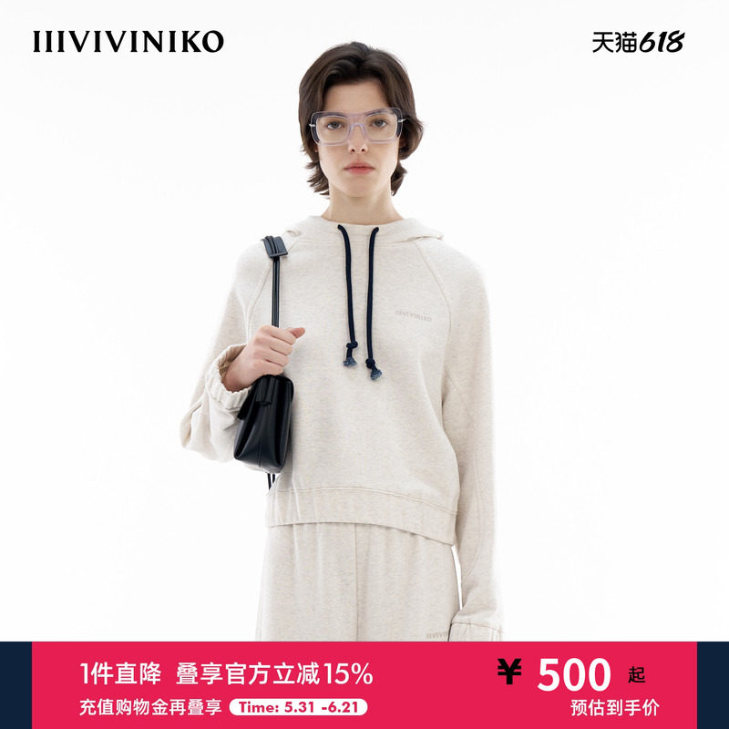【纯棉法式毛圈】IIIVIVINIKO春季新款简约蝙蝠袖截短连帽卫衣女