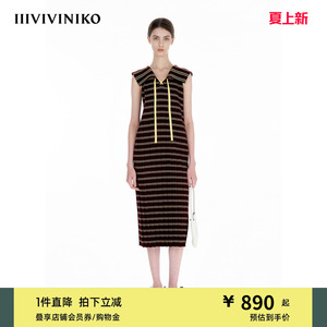 IIIVIVINIKO夏季新款大翻领渐变条纹针织连衣裙女R521105627D