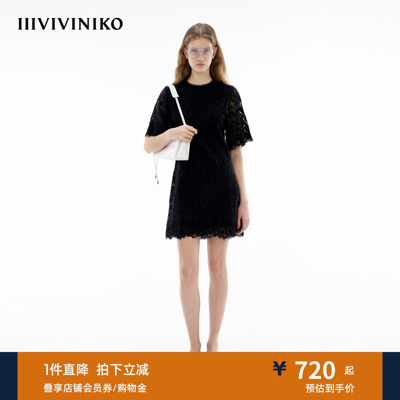IIIVIVINIKO夏季新款A型蕾丝圆领修身连衣裙女M420627363E