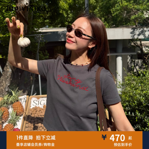 IIIVIVINIKO2026夏季新款休闲落肩刺绣短袖T恤女M620506383E