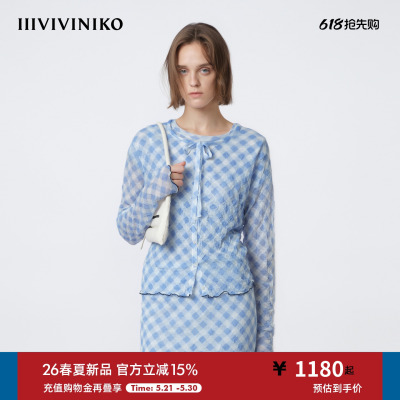 IIIVIVINIKO2026夏季新款休闲褶皱格纹系带针织开衫女M620231654E