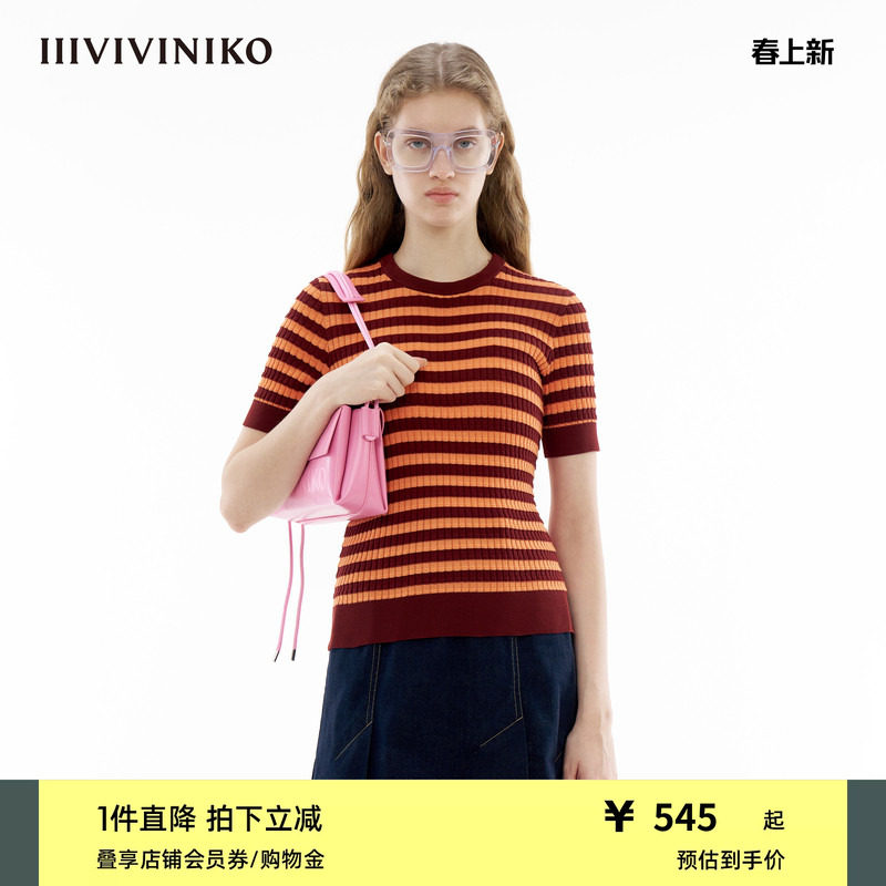 【丝光棉】IIIVIVINIKO春季新款细条纹针织短袖T恤女C410129610B