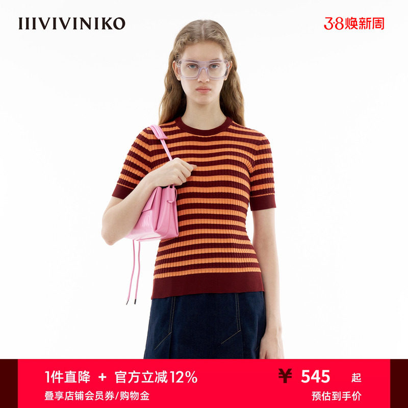 【丝光棉】IIIVIVINIKO春季新款细条纹针织短袖T恤女C410129610B